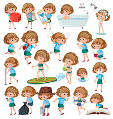 Set of girls doing activitys on white  background
