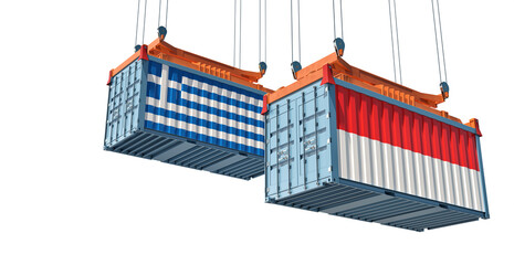 Cargo containers with Greece and Indonesia national flags. 3D Rendering