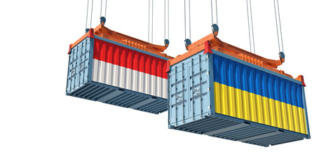 Cargo containers with Ukraine and Indonesia national flags. 3D Rendering