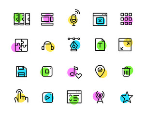 Simple colorful geometric line art icons set. Server, layouts, tap, wifi, favorite, floppy disk and other. Pixel perfect, editable stroke