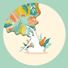 Girl is meditating among jungles in a flat style, bright colors, paper cut hair