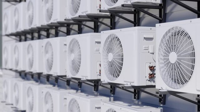 Air Conditioning Units In A Row On Building Facade