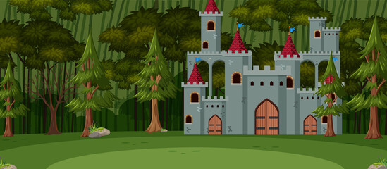 Naklejka premium Landscape scene with medieval town in forest