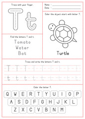 Children Learning Printable - Tracing, Coloring, and Writing Alphabet T