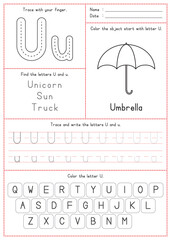 Children Learning Printable - Tracing, Coloring, and Writing Alphabet U