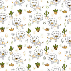 Seamless jungle background with funny lions