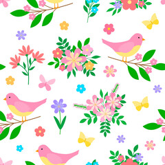 Seamless pattern Spring flowers tulips pink birds vector illustration	