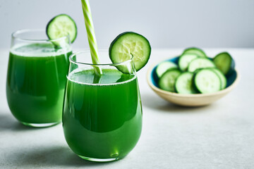 Cucumber juice. Fresh Cucumber green detox juice in glass. Homemade cucumber juice.