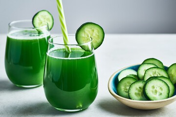 Cucumber juice. Fresh Cucumber green detox juice in glass. Homemade cucumber juice.