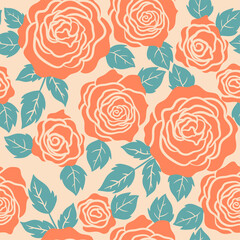 Seamless pattern with rose flowers and leaves. Vector graphics.