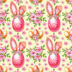 Watercolor pattern with Easter eggs with ears and flowers