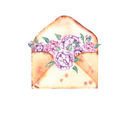 Watercolor envelope with peony flowers