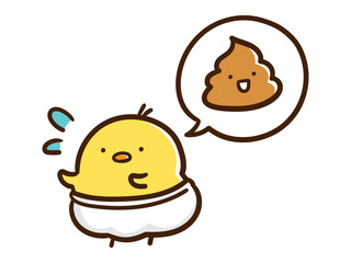 オムツの中でうんちをする赤ちゃんひよこのかわいい手書き風イラスト