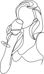 Girl drinks wine or champagne from a glass. Linear silhouette of a woman with a glass goblet. Drawing in one continuous line. Linear glamour logo in minimal for wine label.