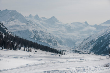 Val Roseg, Piz Roseg, Ova da Roseg, Rosegbach, Piz Sella, Piz Gl&uuml;schaint, Sellagletscher, Winterwanderweg, Langlaufloipe, Berninagruppe, Oberengadin, Alpen, Winter, Wintersport, Graub&uuml;nden, Schweiz 