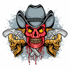 cowboys sign with skull in hat and guns, grunge vintage design t shirts
