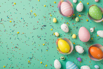Fototapeta na wymiar Top view photo of easter decorations multicolored easter eggs in paper baking molds and scattered confectionery topping on isolated teal background with copyspace