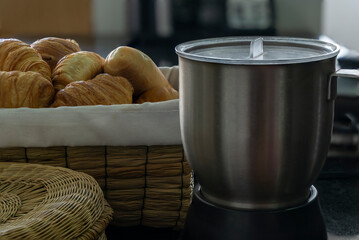 Delicious fresh puff pastry croissant eggs and chocolate for breakfast