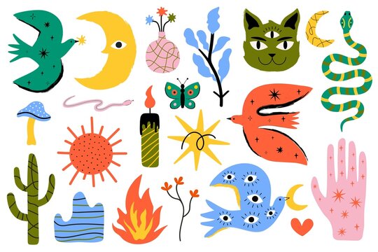 Vector colored abstract collection with animals, plants, nature and cosmos elements. Trendy sticker pack template design, print set with cat, birds, snakes.