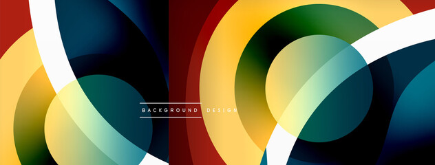 Abstract background with color geometric shapes. Beautiful minimal backdrop with round shapes circles and lines. Geometrical design. Vector illustration