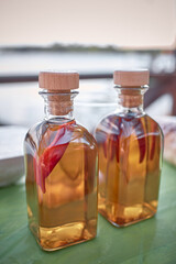 Classic ukrainian alcohol tincture with hot chilli pepper. Strong alcohol. Alcohol-based natural remedy for stimulating growth concept