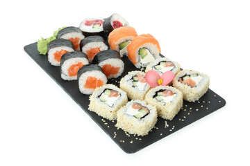 Concept of tasty food with sushi rolls isolated on white background