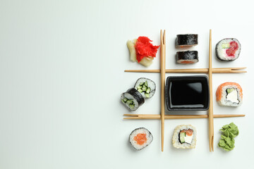 Concept of tasty food with sushi, space for text