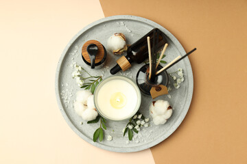 Concept of relaxation with aroma candle, top view