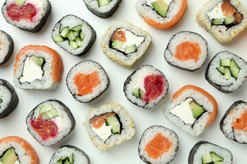 Concept of tasty food with sushi, top view