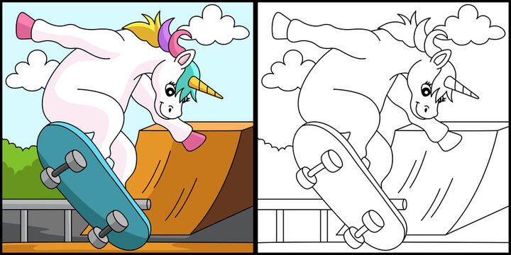 Unicorn Skating on a Skateboard Coloring Page