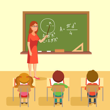 School lesson in classroom. Geometry lesson. Teacher teaching pupils. Back view. Concept of education. Vector illustration