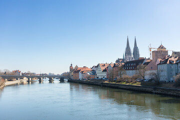Fototapeta na wymiar Regensburg cathedral, Danube river bank view in the city center in spring. High quality photo