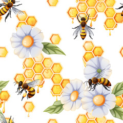 Seamless background with honeycombs, bees and white flowers. Summer texture for fabric, wallpaper, paper, etc.