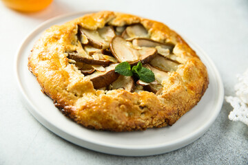 Homemade pear galette with almond and honey