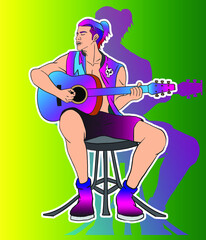 Colorful Musician singing when playing guitar in Sticker Cut Style. best for album cover, concert poster, music fest flyer, banner, car sticker, etc