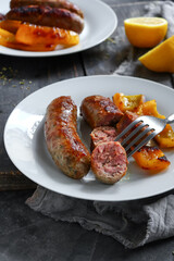 grilled sausages with mashed potatoes and salad