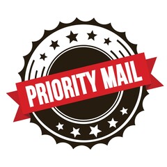 PRIORITY MAIL text on red brown ribbon stamp.