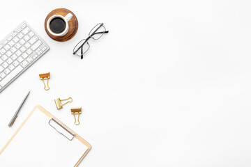 Place for working with computer on office table, top view