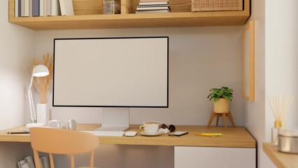 Minimal comfortable home workspace interior with wood and white materials.Minimal comfortable home workspace interior with wood and white materials.