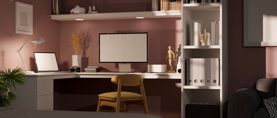 Fototapeta Trendy feminine home workspace or office desk interior with computer and laptop desktop obraz
