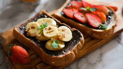 Close-up, Chocolate with banana and strawberry toasts