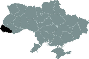 Black flat blank highlighted locator map of the Ukrainian administrative area of ZAKARPATTIA OBLAST inside gray flat map of UKRAINE