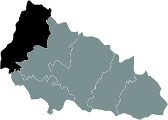 Obraz premium Black flat blank highlighted location map of the UZHHOROD RAION inside gray raions map of the Ukrainian administrative area of Zakarpattia Oblast, Ukraine