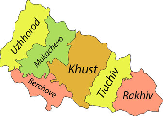Obraz premium Pastel flat vector map of raion areas of the Ukrainian administrative area of ZAKARPATTIA OBLAST, UKRAINE with black border lines and name tags of its raions
