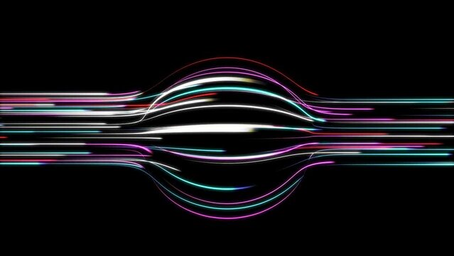 An animation of emitting beams of multi color light on a dark background enveloping an invisible spherical void
