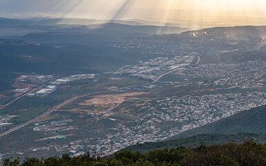 Aerial view looking southwards from Mount Ha'ari (1,047 m ASL), located south of Druze village of Bit Jann, Upper Galilee, Northern Israel, Israel