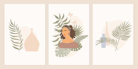 Girl and plant poster collection. Minimalist abstract boho woman portrait set.