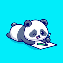 Cute panda drawing bamboo on paper cartoon vector icon illustration animal education icon isolated Free Vector