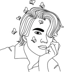 Man face with flowers . Abstract face with flowers by one line drawing. Portrait minimalistic style. Botanical print. Nature symbol of cosmetics. Muscular Man