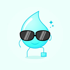 cute water cartoon with smile expression. black eyeglasses, one leg raised and one hand holding glasses. suitable for logos, icons, symbols or mascots. blue and white